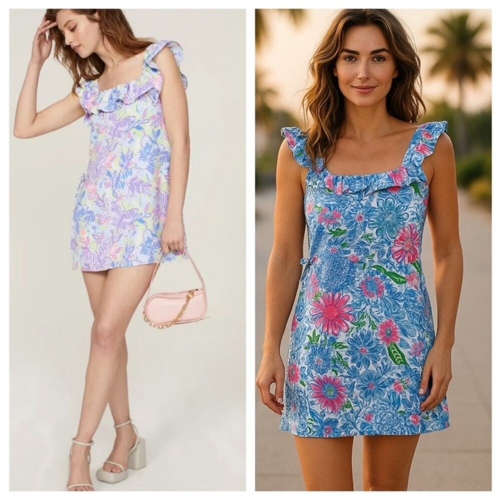 Lilly Pulitzer Blue and Pink Floral Ruffle Strap Mini Romper